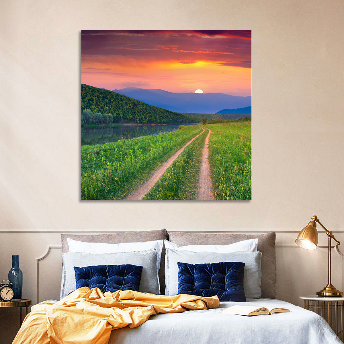 Sunset Path to Mountain Lake Wall Art in a room, square