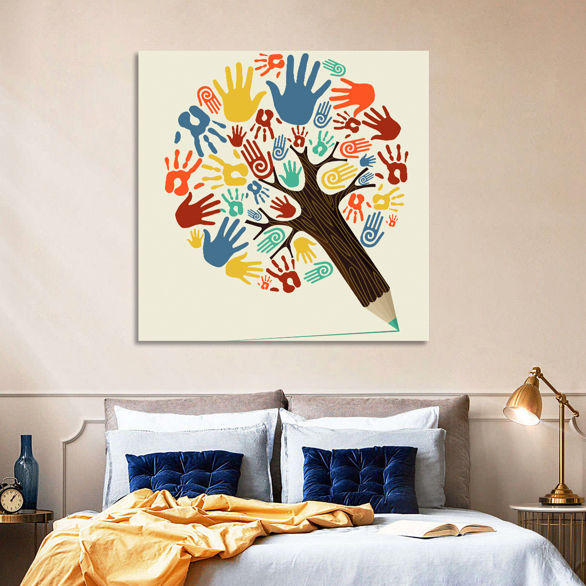 Handprint Tree Illustration Wall Art in a room, square