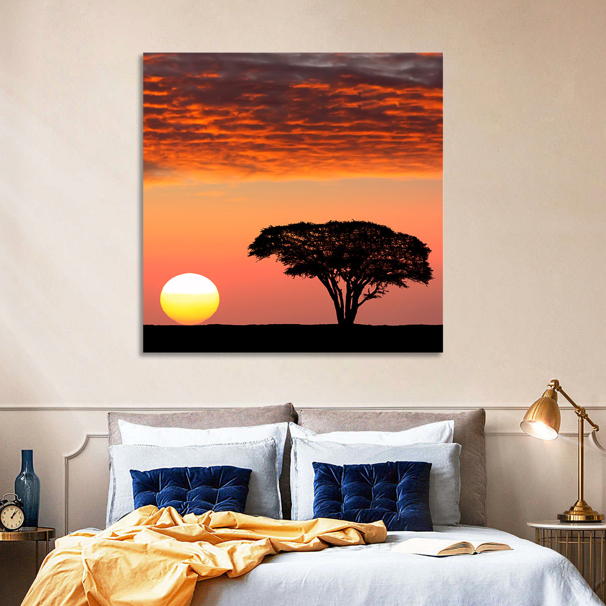 Serengeti Sunset Silhouette Wall Art in a room, square