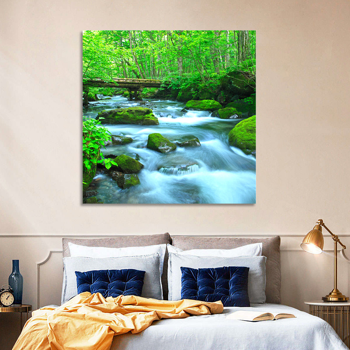 Mossy Forest Stream Wall Art in a room, square