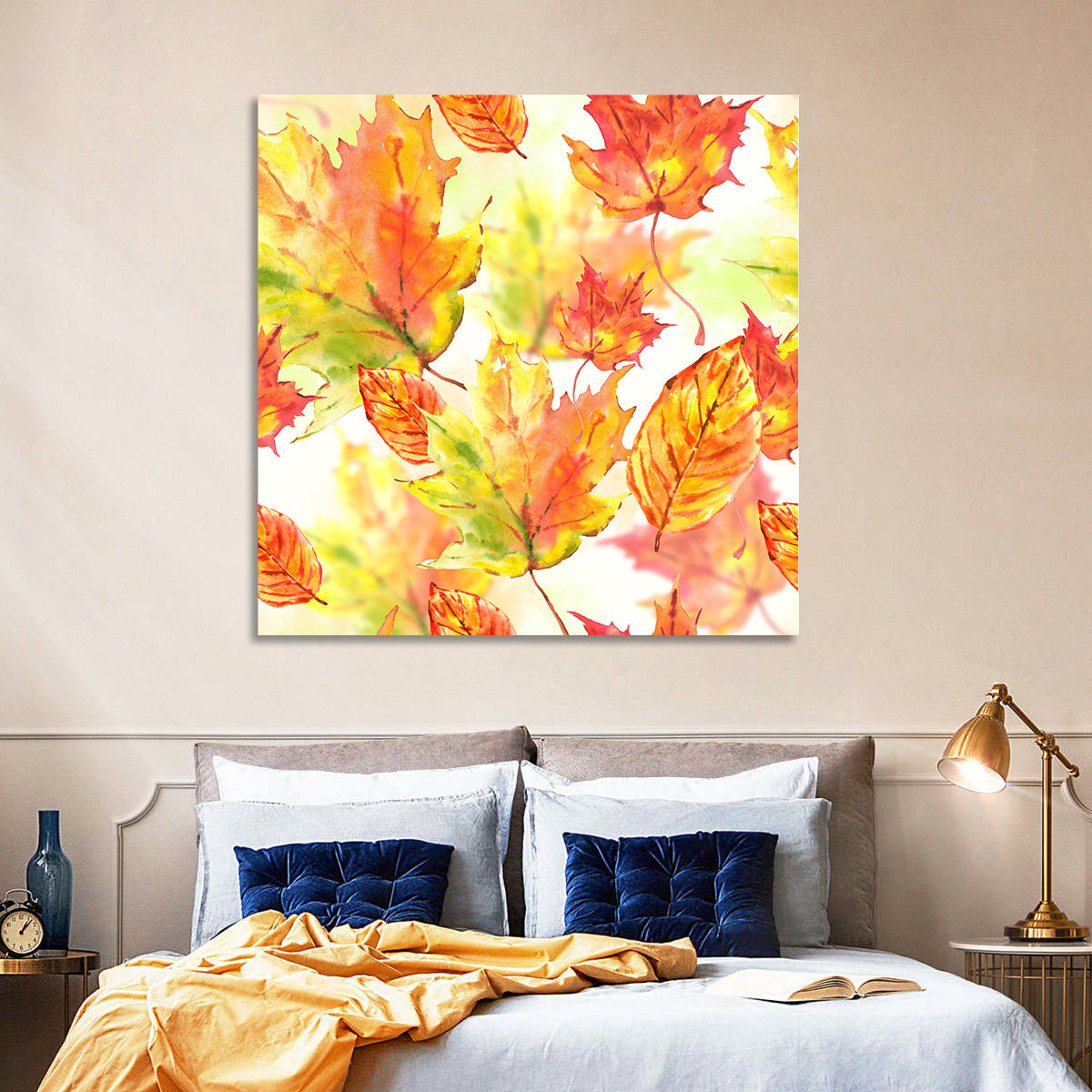 Falling Autumn Leaves Wall Art in a room, square