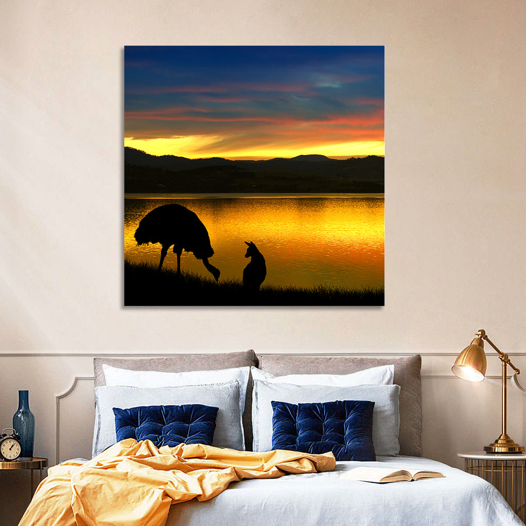 Kangaroo and Emu at Lake Sunset Wall Art