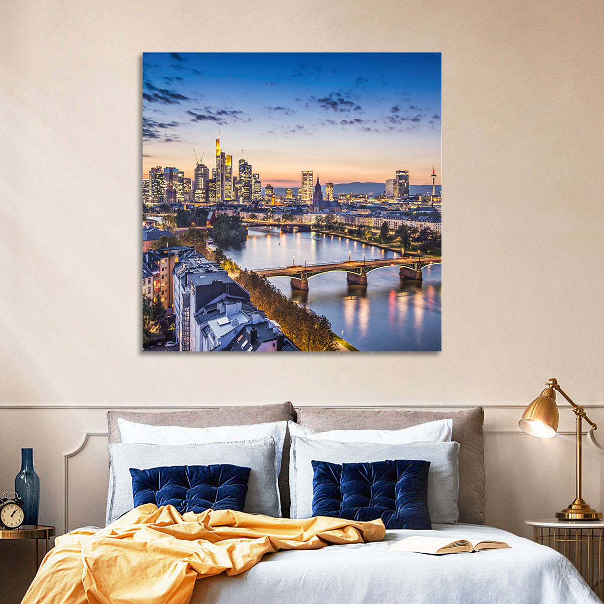 Frankfurt Twilight Skyline Wall Art in a room, square