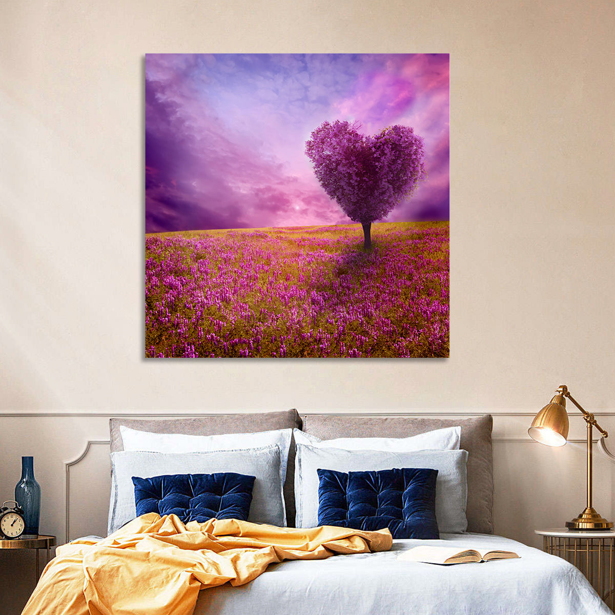 Heart-shaped Tree at Sunset Wall Art in a room, square