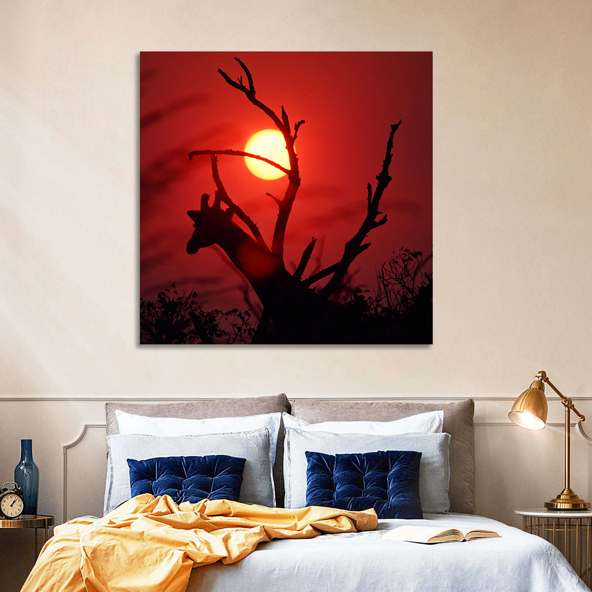 Giraffe Silhouette at Sunset Wall Art in a room, square