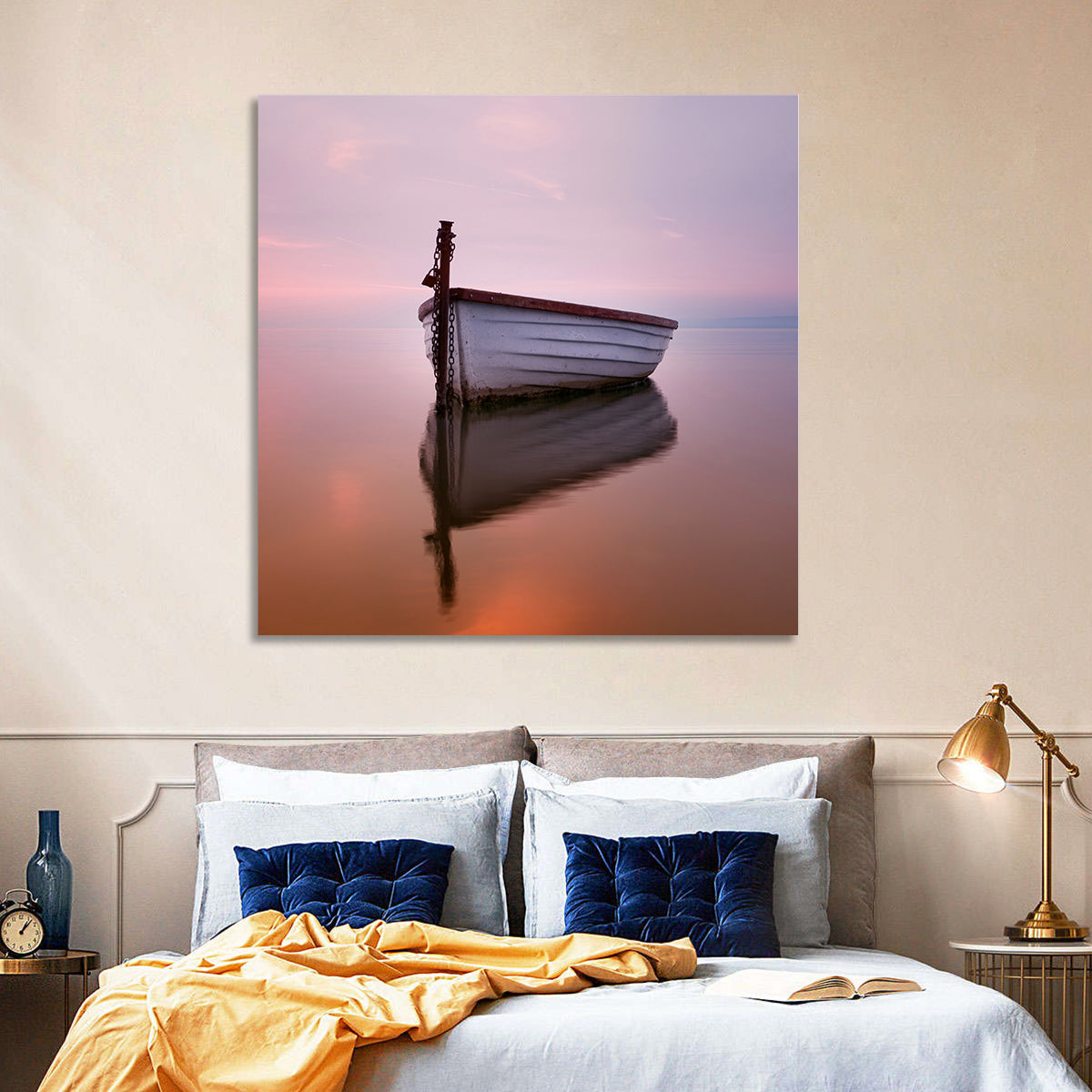 Pastel Boat Reflection Wall Art in a room, square