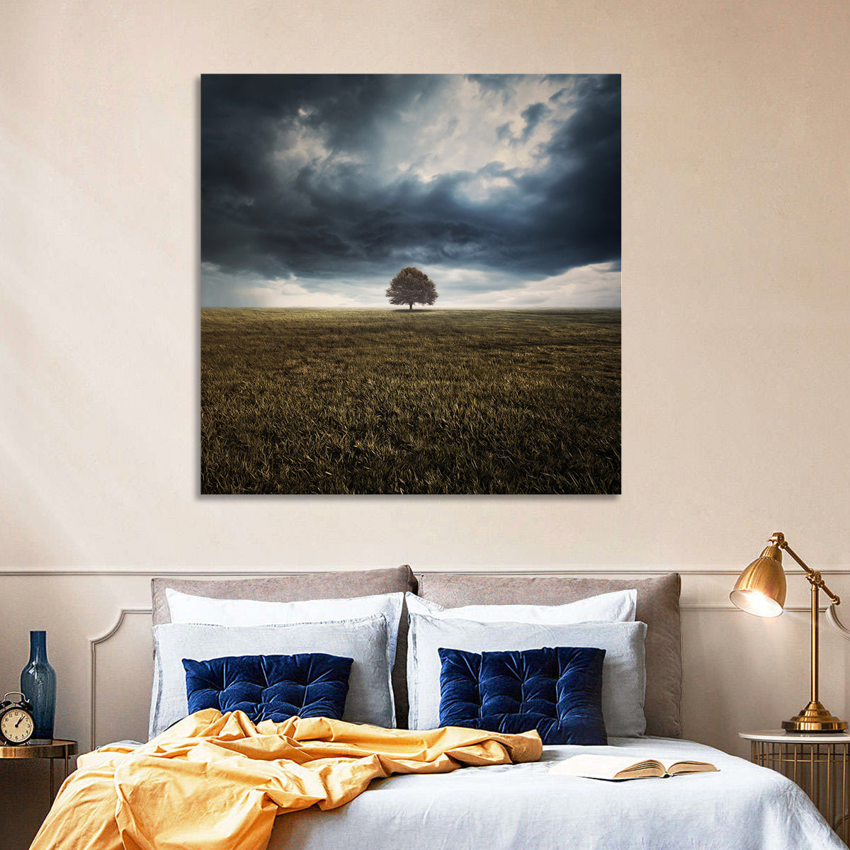 Lone Tree Under Storm Clouds Wall Art in a room, square