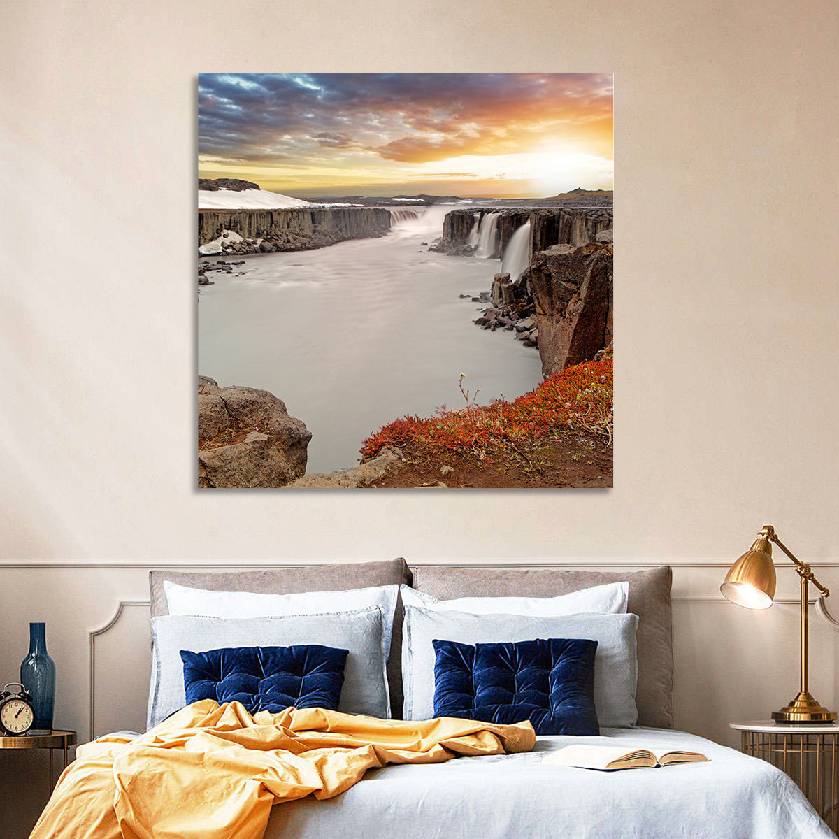 Selfoss Waterfall at Sunset Wall Art in a room, square