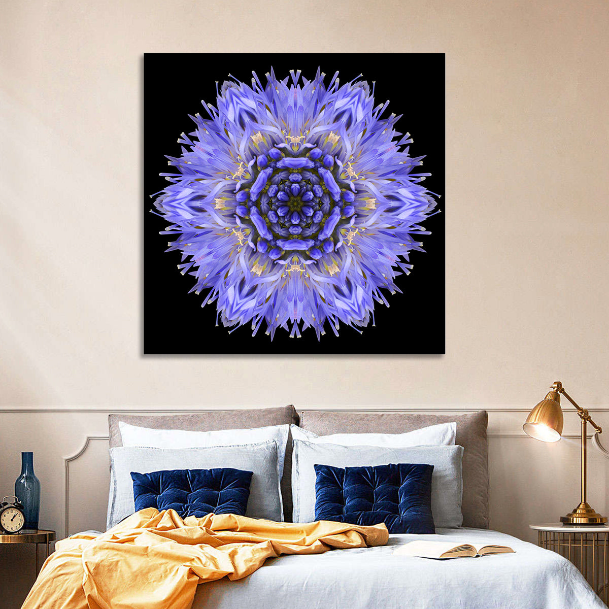 Cornflower Mandala Kaleidoscope Wall Art in a room, square