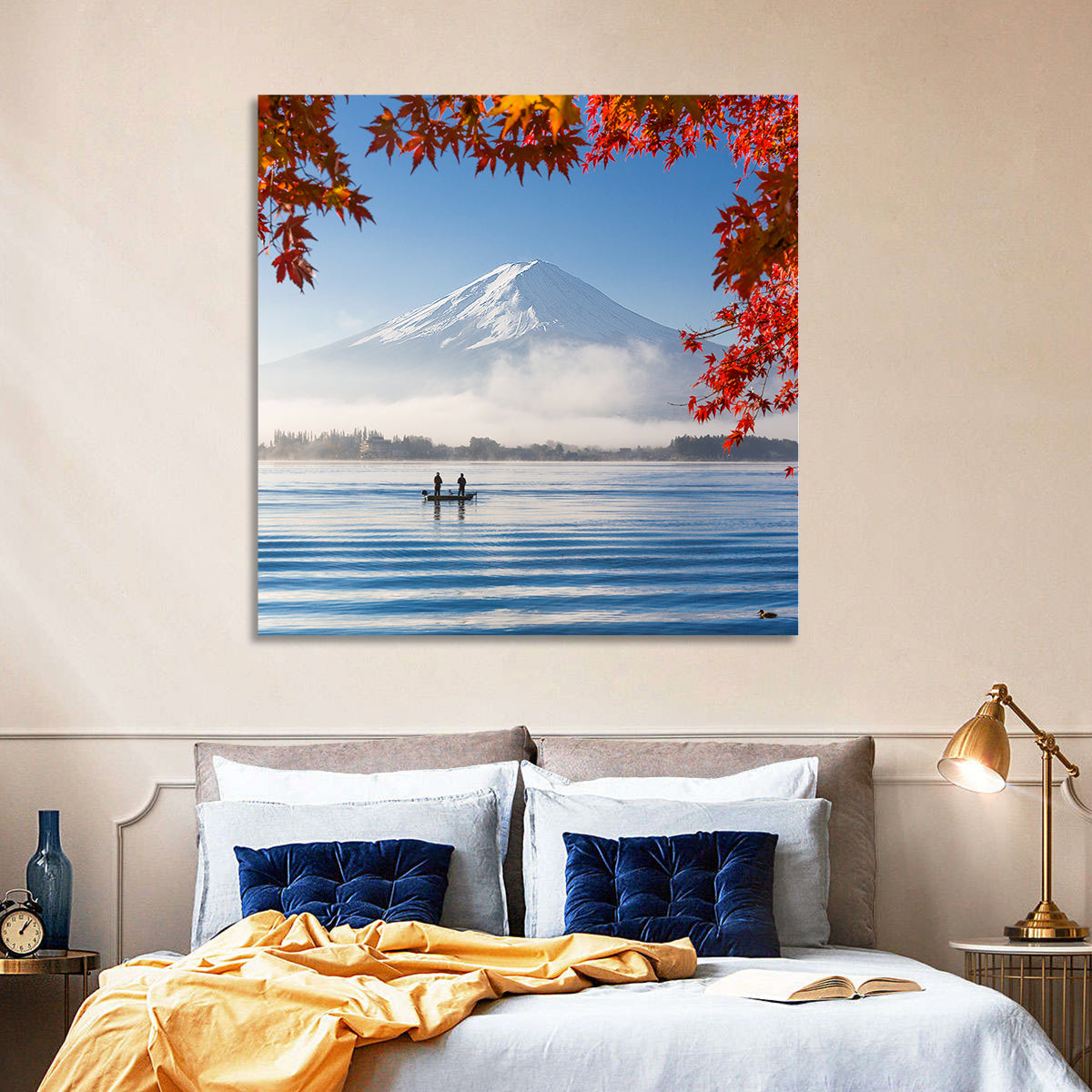 Mount Fuji Over Lake Kawaguchiko Wall Art in a room, square