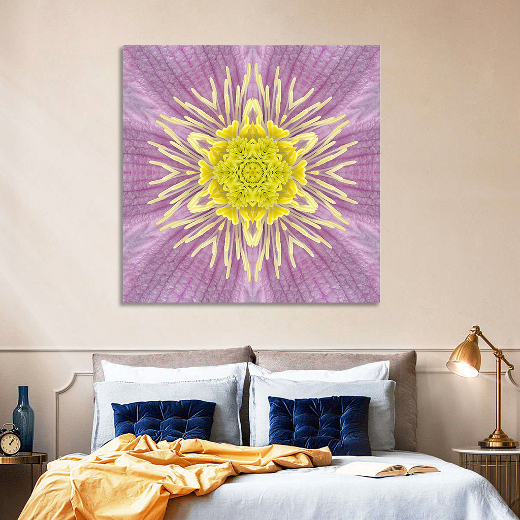 Kaleidoscopic Floral Mandala in Purple and Yellow Wall Art