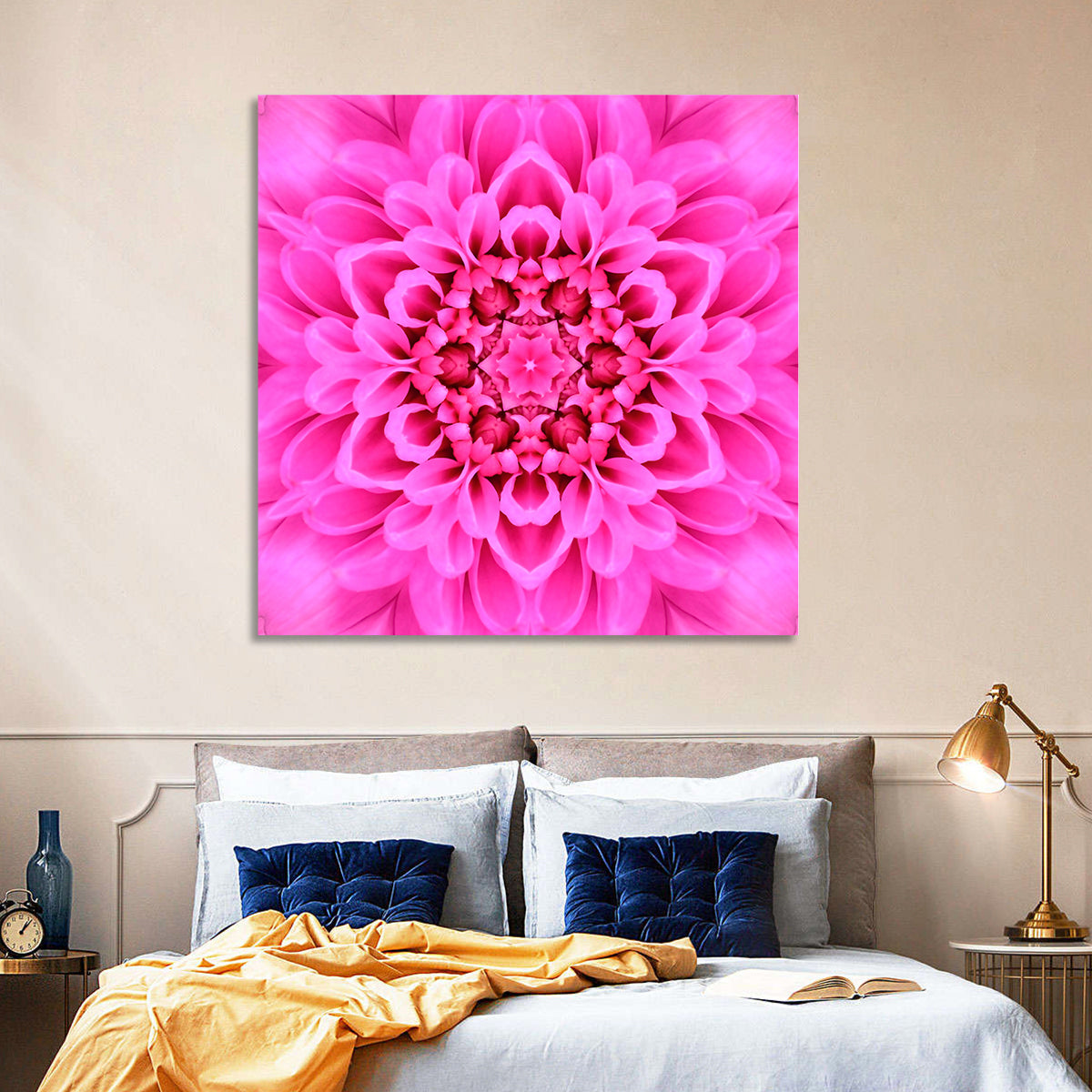 Kaleidoscopic Chrysanthemum Mandala in Magenta Wall Art in a room, square