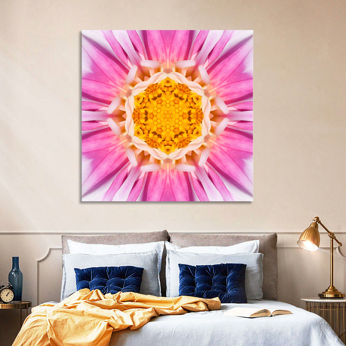 Kaleidoscopic Dahlia Mandala Bloom Wall Art in a room, square