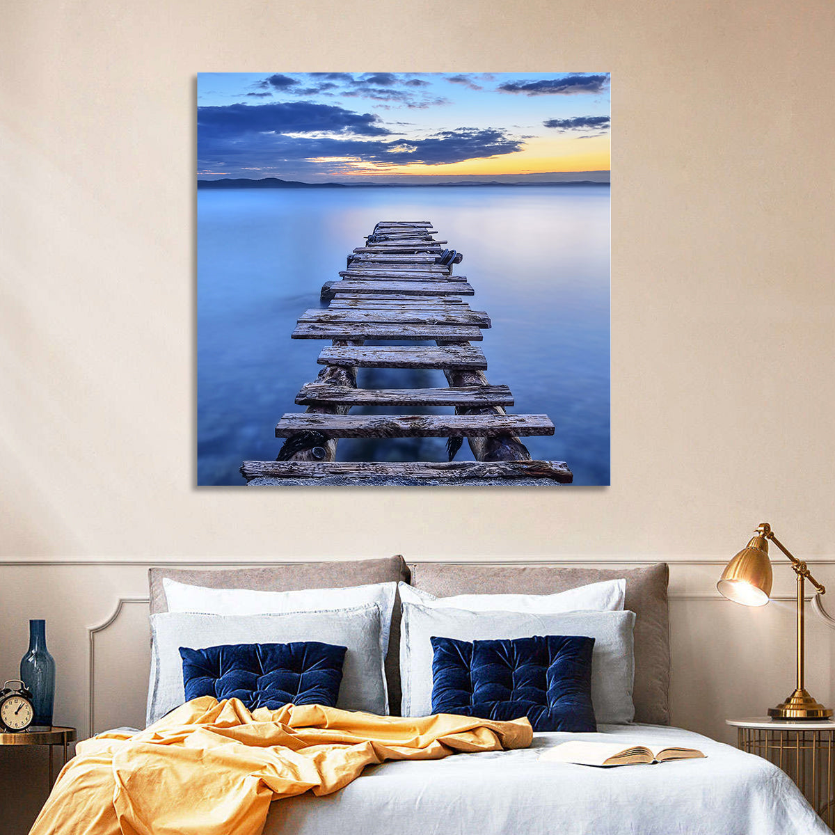 Weathered Lake Pier at Dusk Wall Art in a room, square