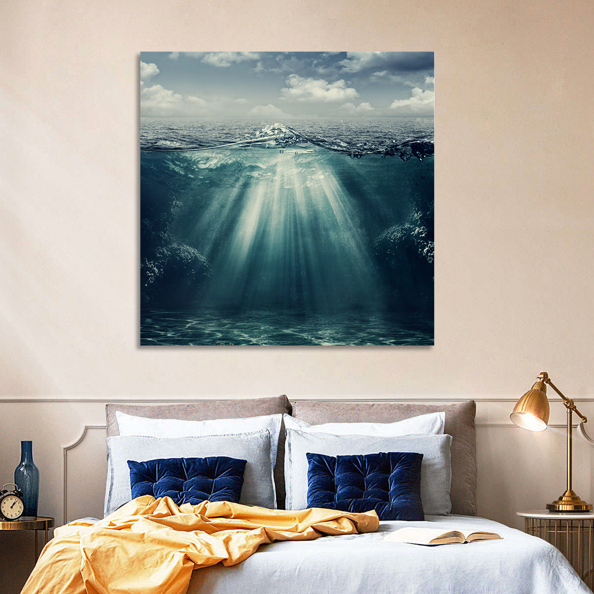 Split-level Underwater Ocean View Wall Art in a room, square