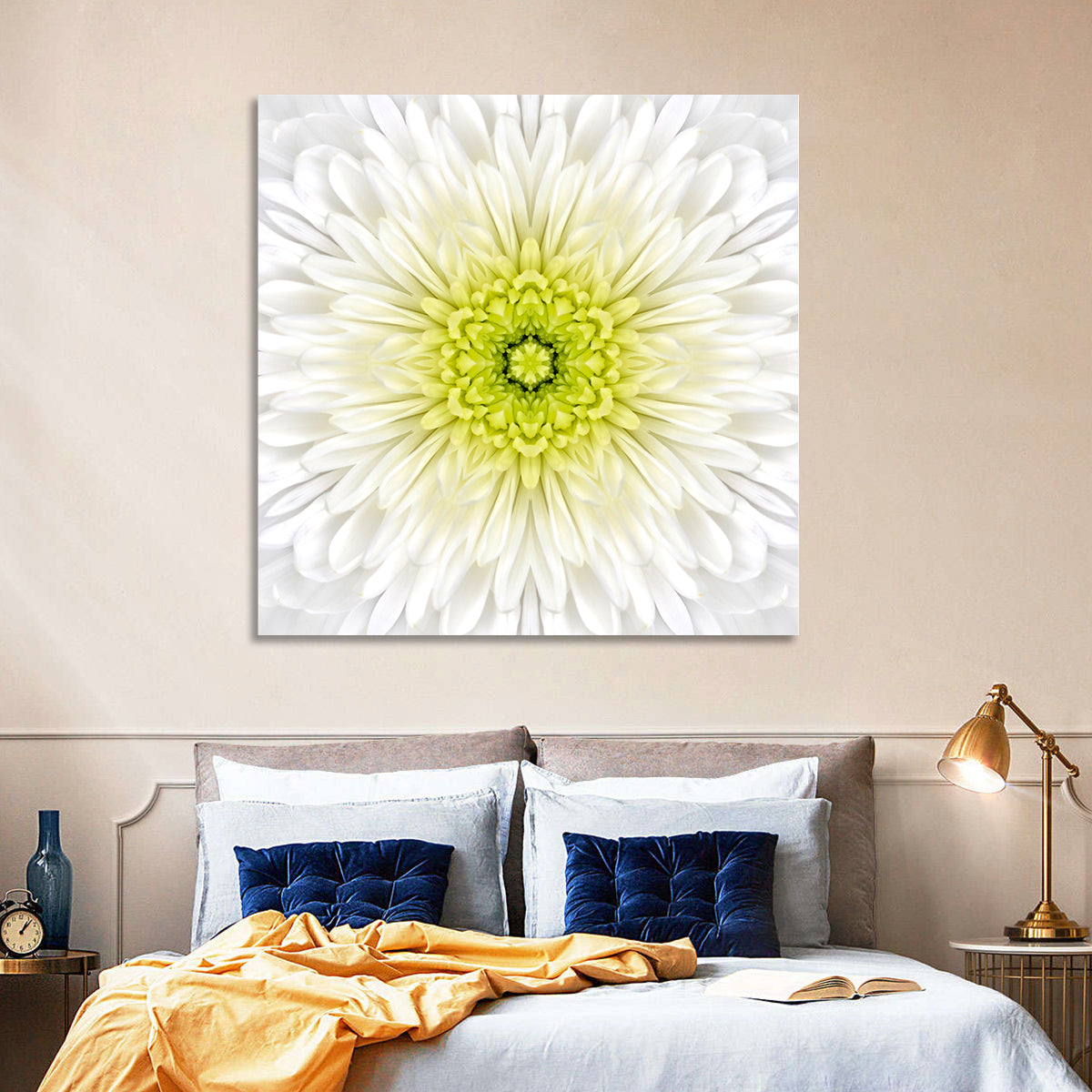 White Chrysanthemum Mandala Close Up Wall Art in a room, square