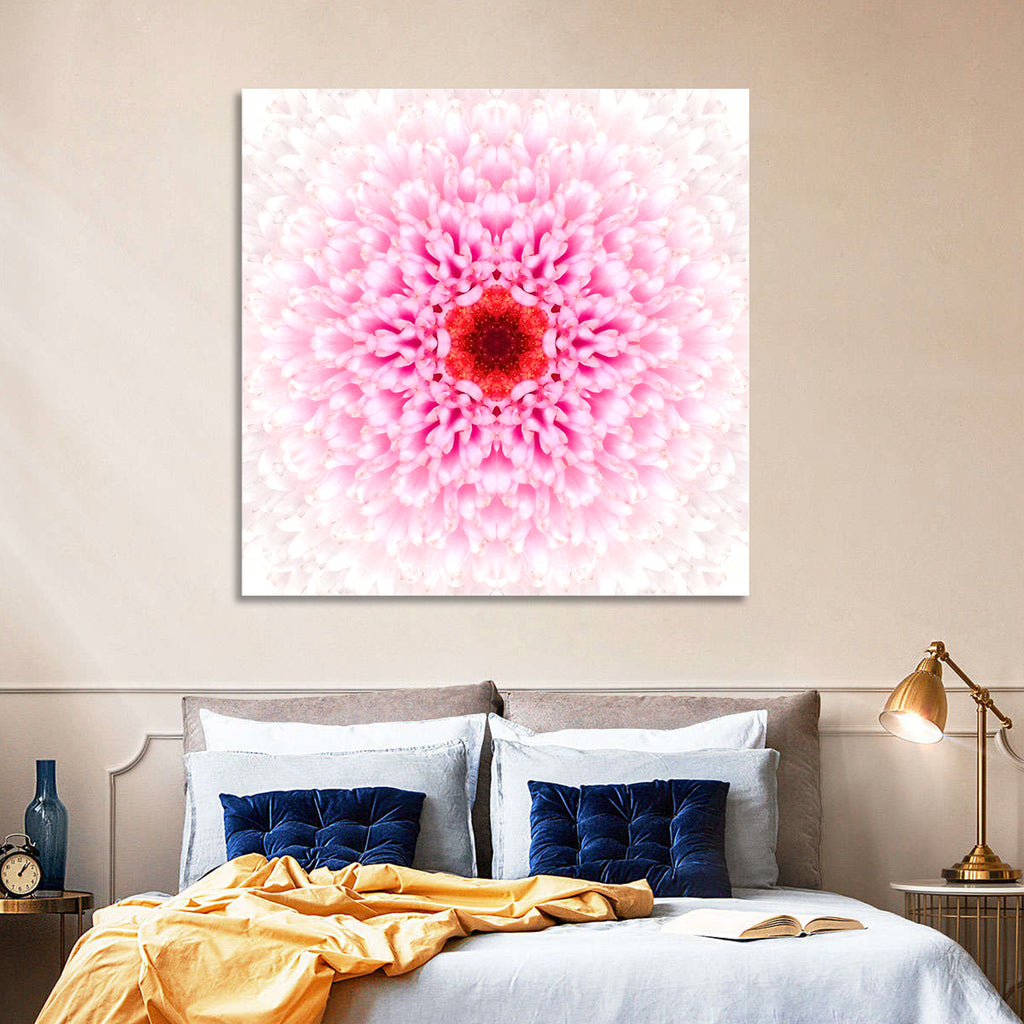 Pink Chrysanthemum Mandala with Deep Red Center Wall Art