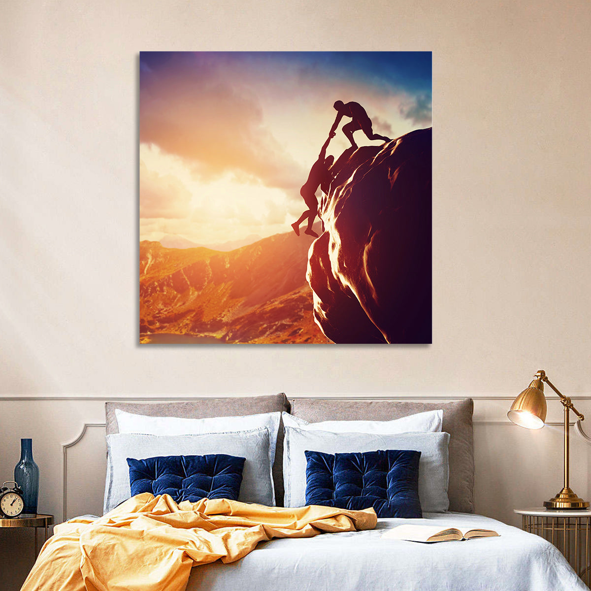 Two Hikers Summit Assist at Sunset Wall Art in a room, square