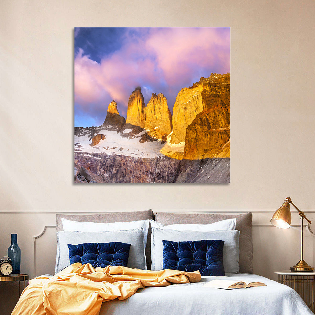 Torres Del Paine Alpenglow Wall Art in a room, square