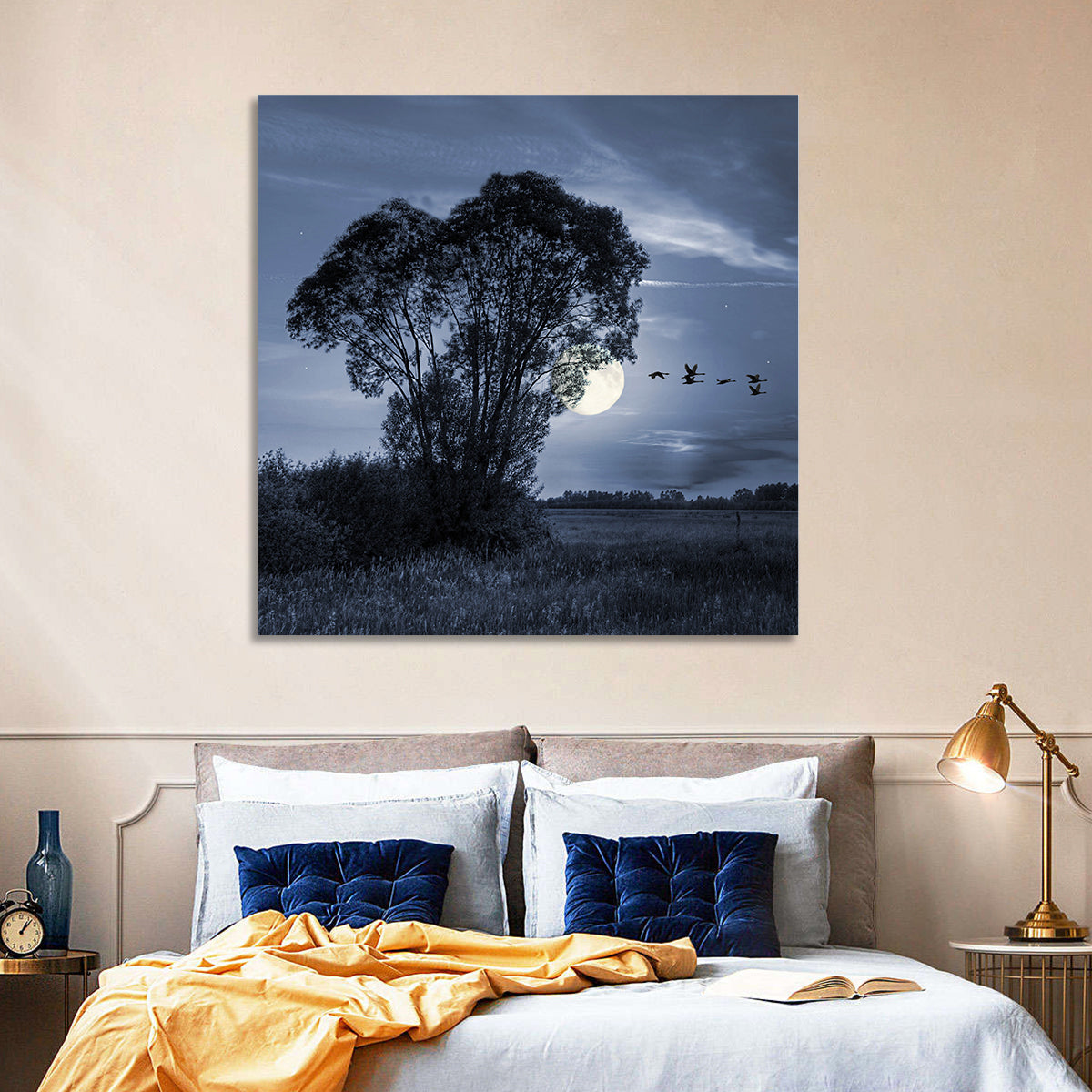 Moonlit Birds Over Quiet Field Wall Art in a room, square
