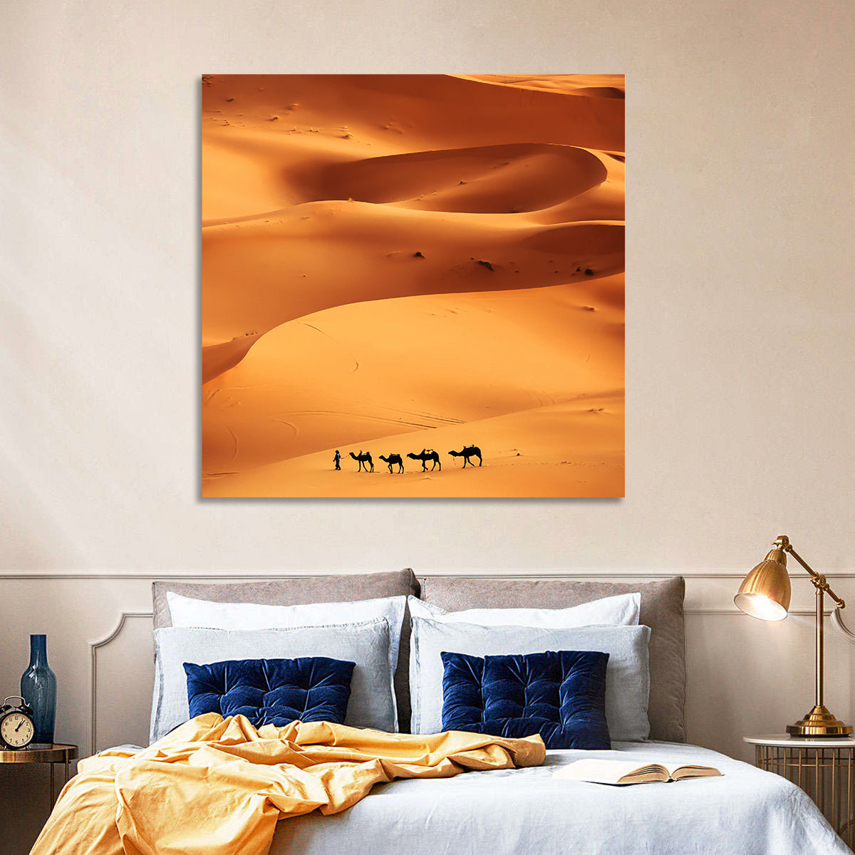 Desert Camel Caravan in Golden Dunes Wall Art in a room, square