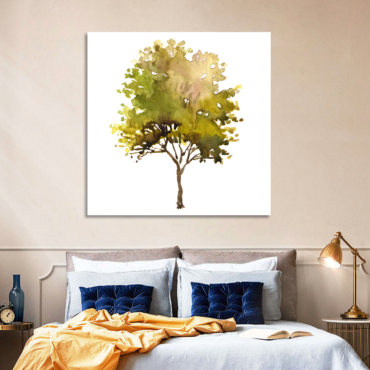 Olive Green Watercolor Tree Wall Art in a room, square