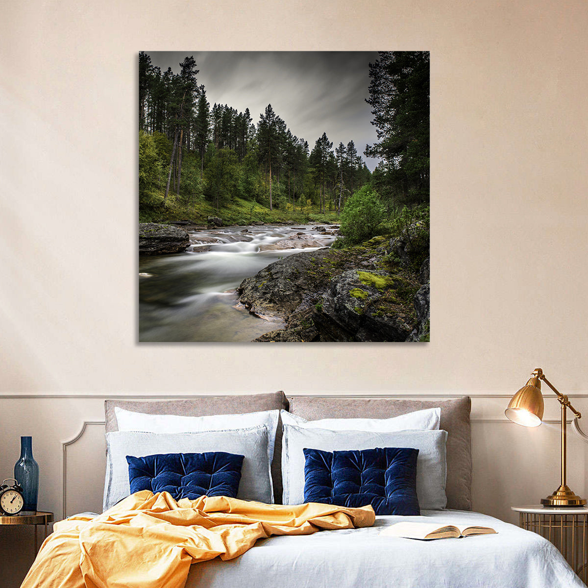 Mossy Forest Stream Wall Art in a room, square