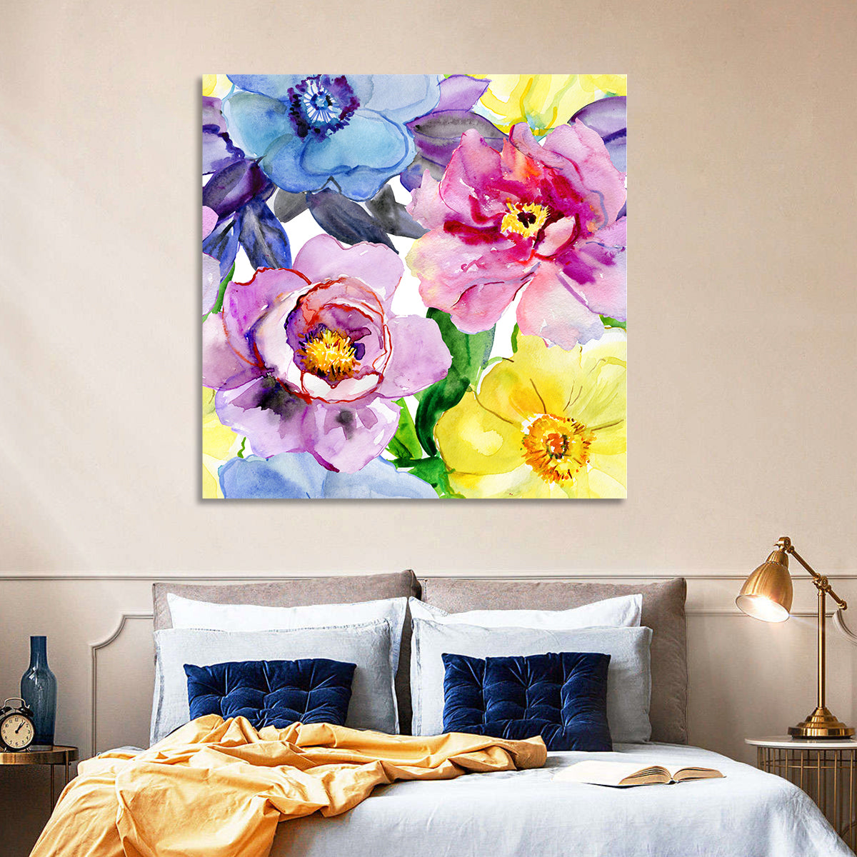Vibrant Watercolor Floral Arrangement Wall Art in a room, square