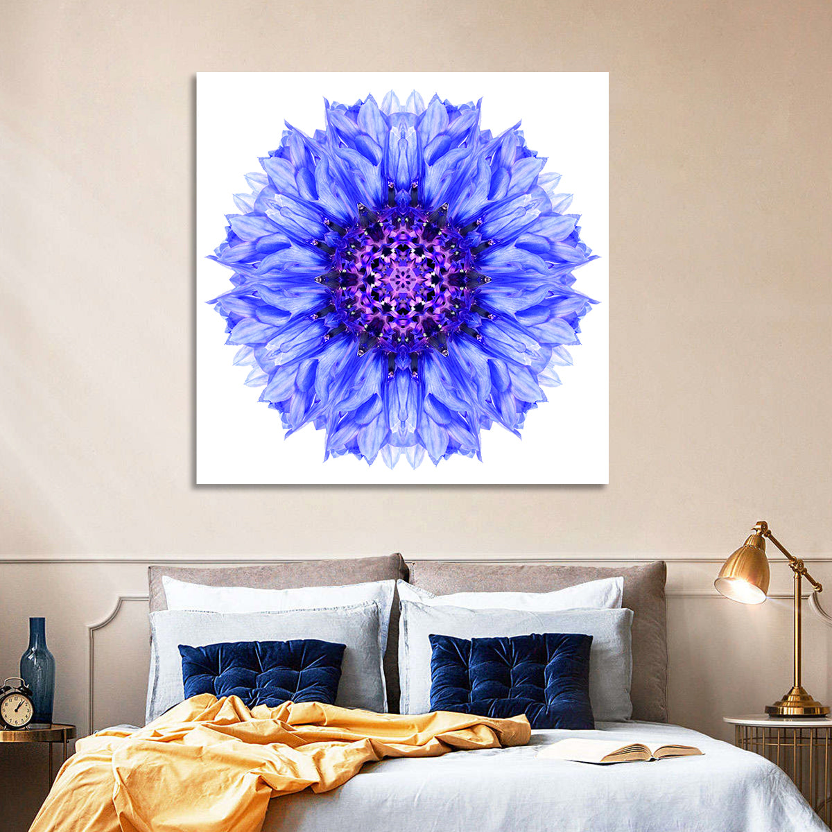 Cornflower Mandala with Dark Violet Center Wall Art in a room, square