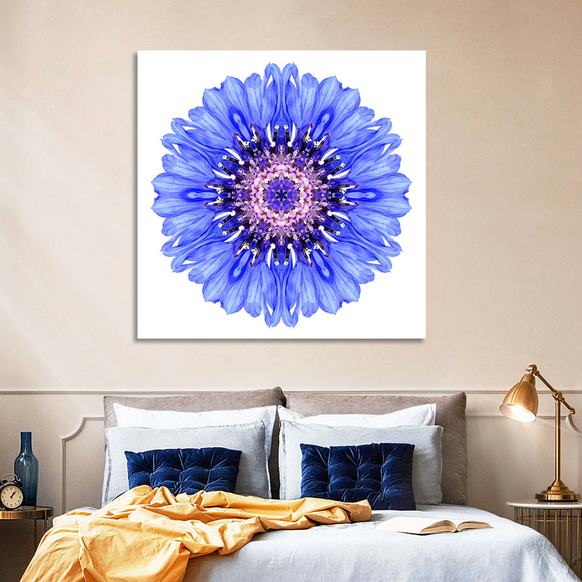 Blue Cornflower Mandala Pattern Wall Art in a room, square