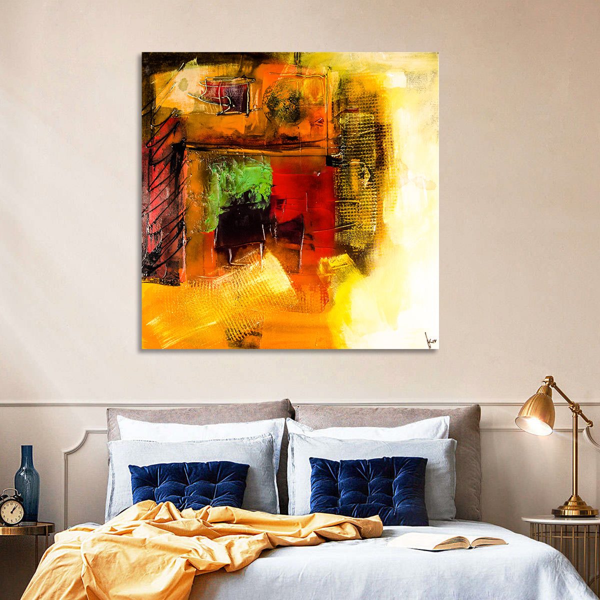 Layered Geometric Abstract in Warm Tones Wall Art in a room, square
