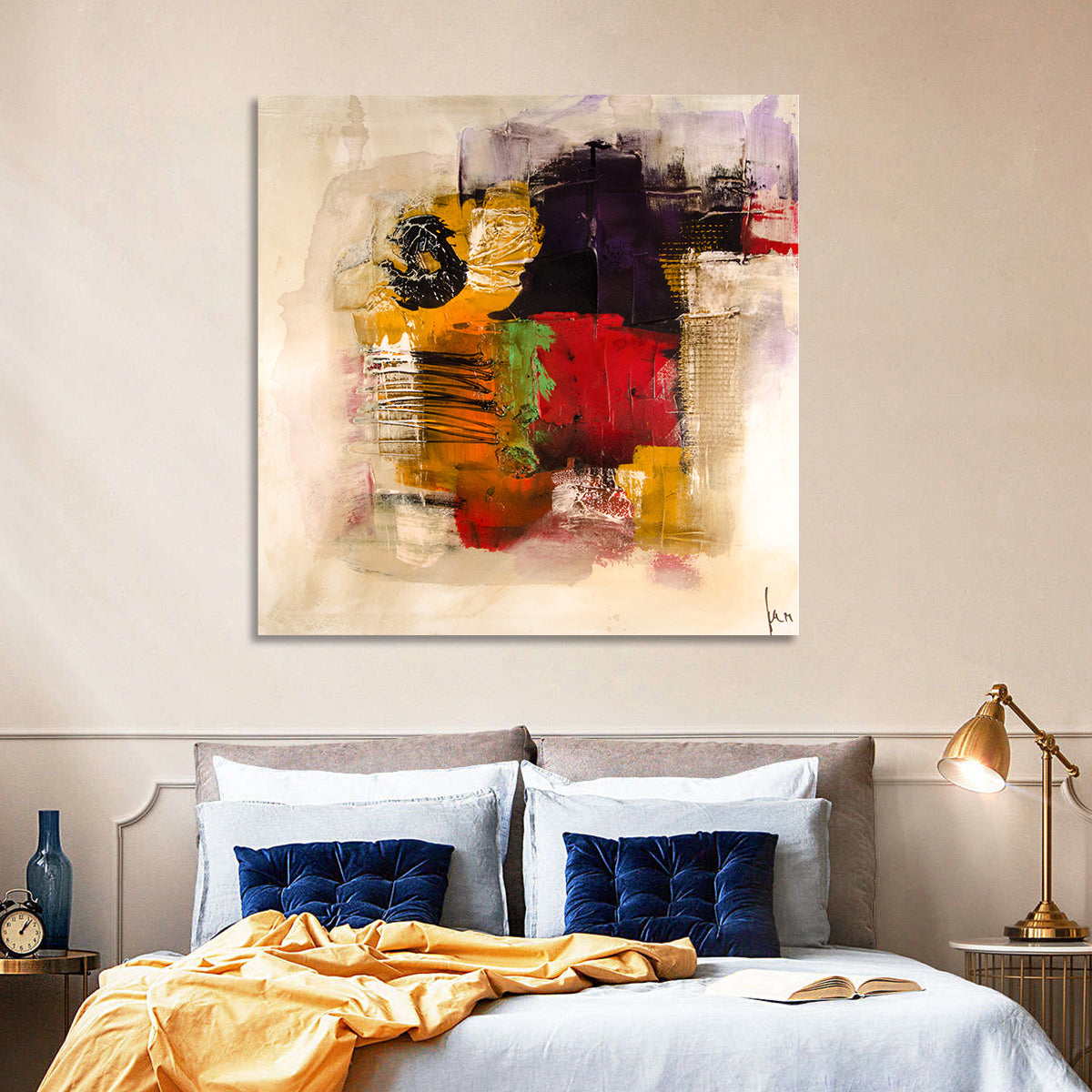Bold Color Block Abstract with Black Circle Wall Art