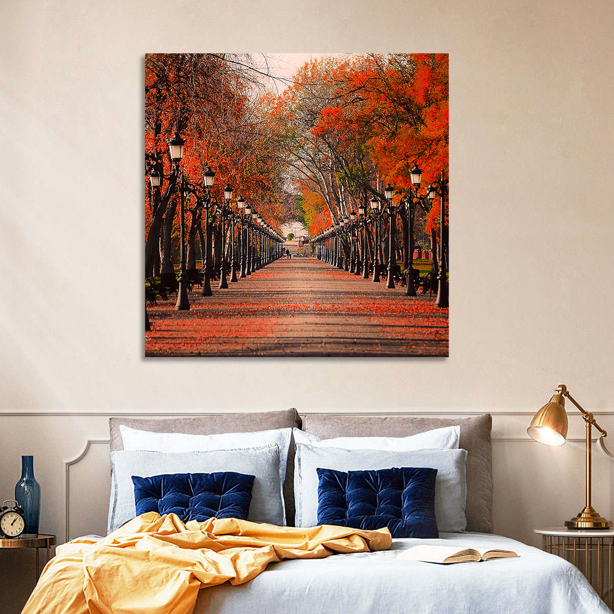 Autumn Park Path with Vintage Lampposts Wall Art in a room, square