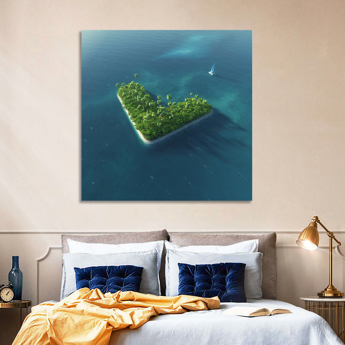 V-shaped Tropical Island with Distant Catamaran Wall Art in a room, square