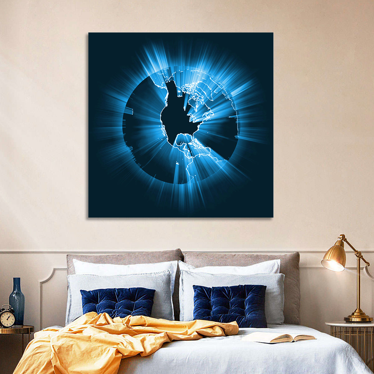 Glowing North America Globe Wall Art in a room, square