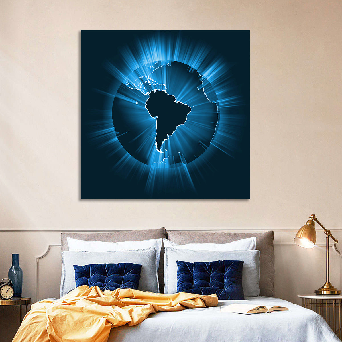Glowing South America Map Wall Art in a room, square