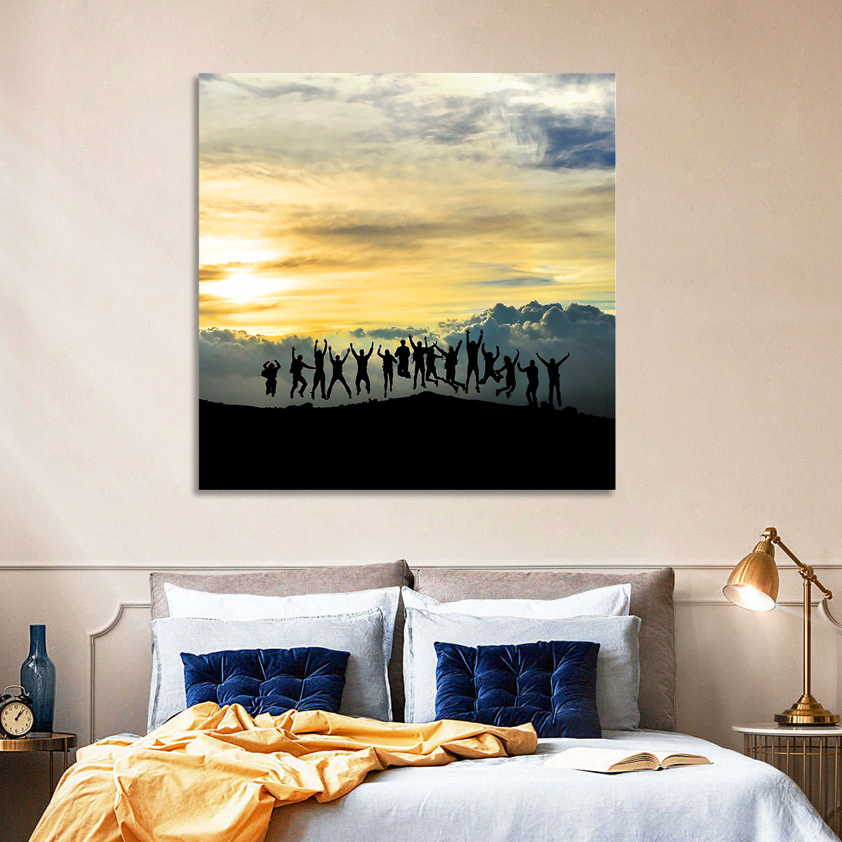 Golden Team Silhouettes at Sunset Wall Art in a room, square