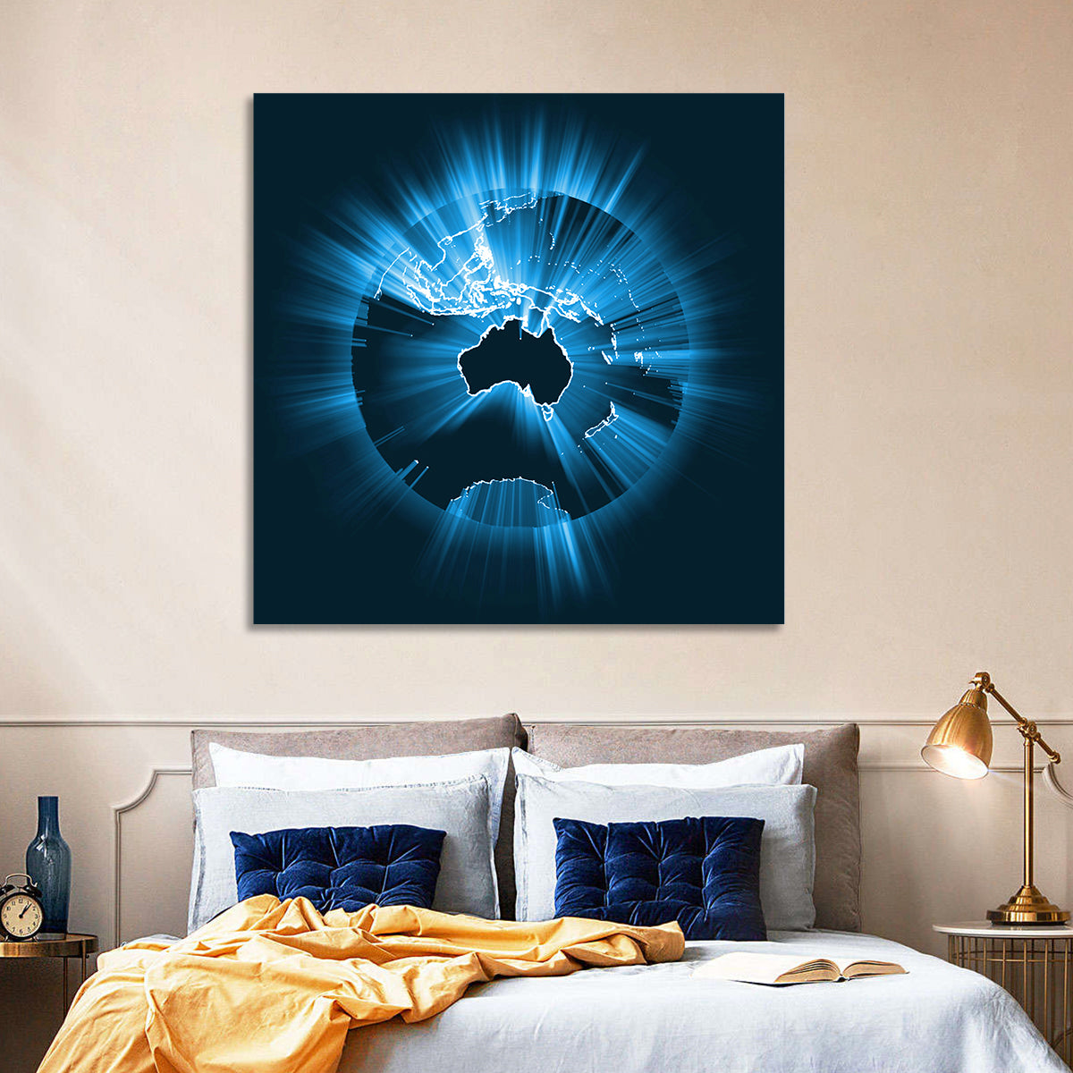 Glowing Australian Map Wall Art in a room, square