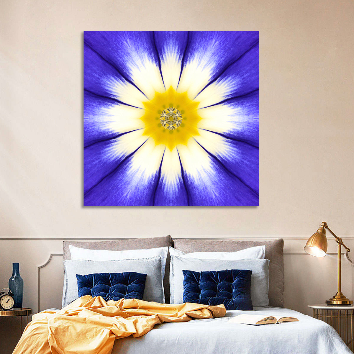 Blue Cornflower Mandala Bloom Wall Art in a room, square