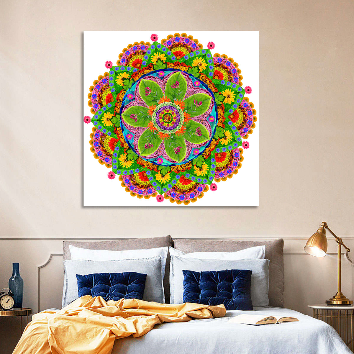 Vibrant Floral Petal Mandala Wall Art in a room, square