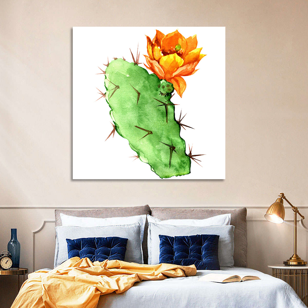 Opuntia Cactus Watercolor Wall Art in a room, square