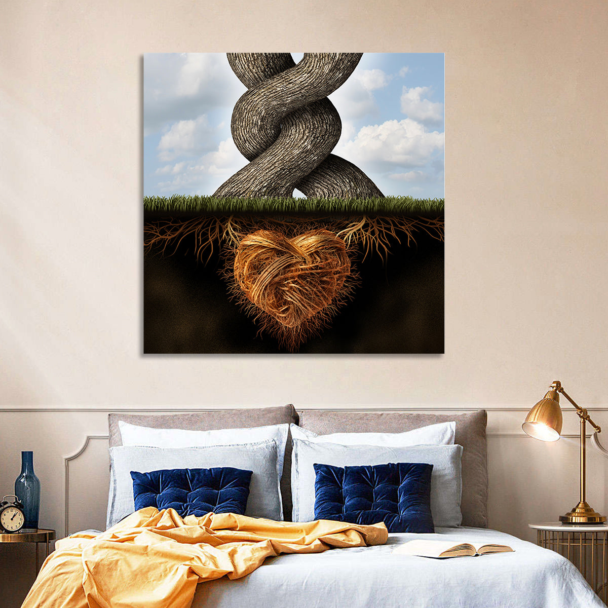 Intertwined Trees with Heart-shaped Roots Wall Art in a room, square