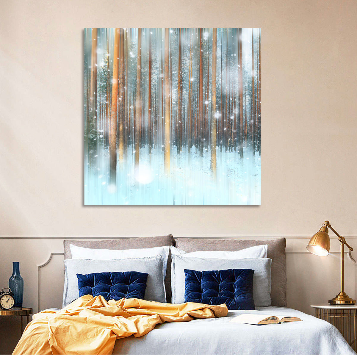 Ethereal Snowy Pine Forest Wall Art in a room, square