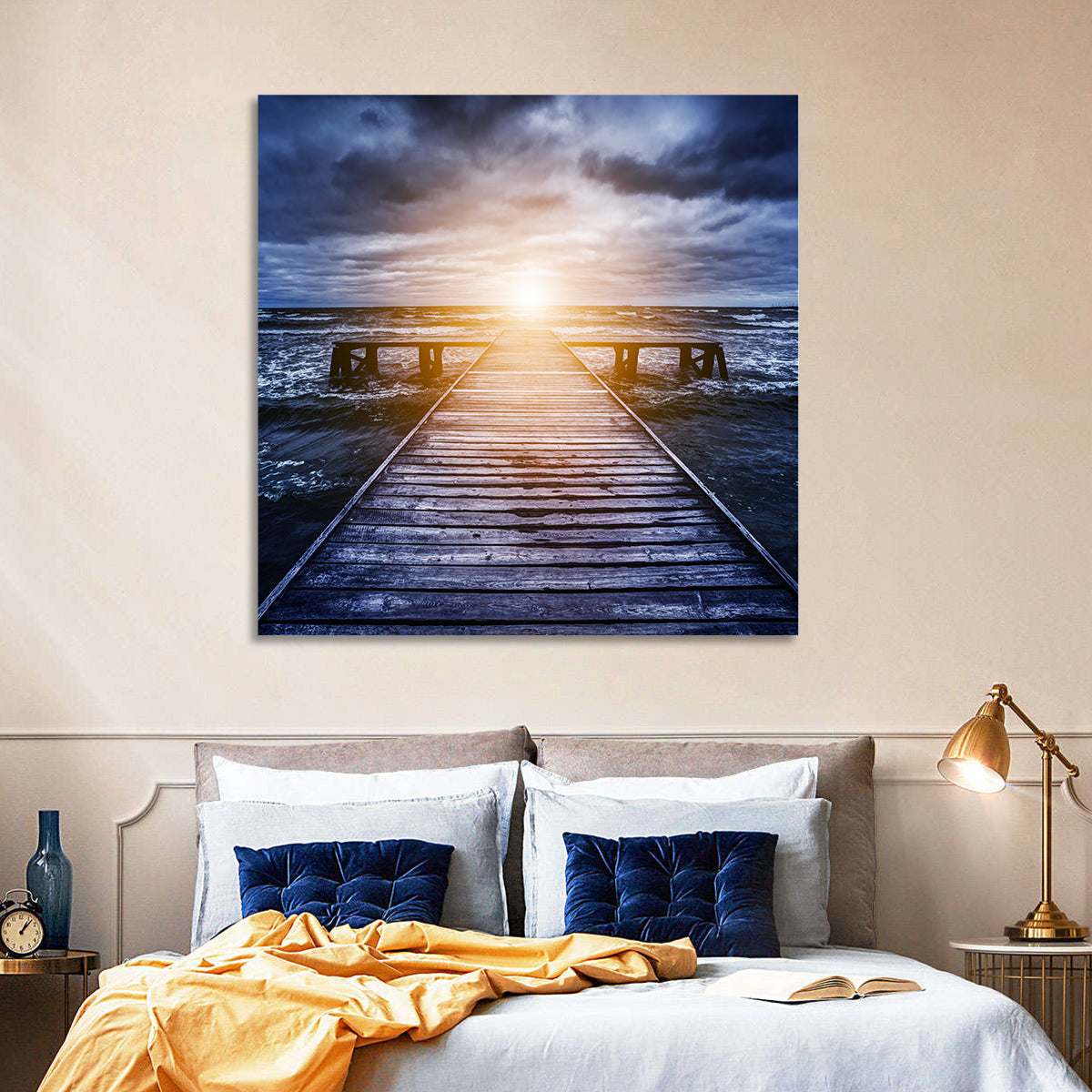 Sunlit Wooden Jetty at Dusk Wall Art in a room, square