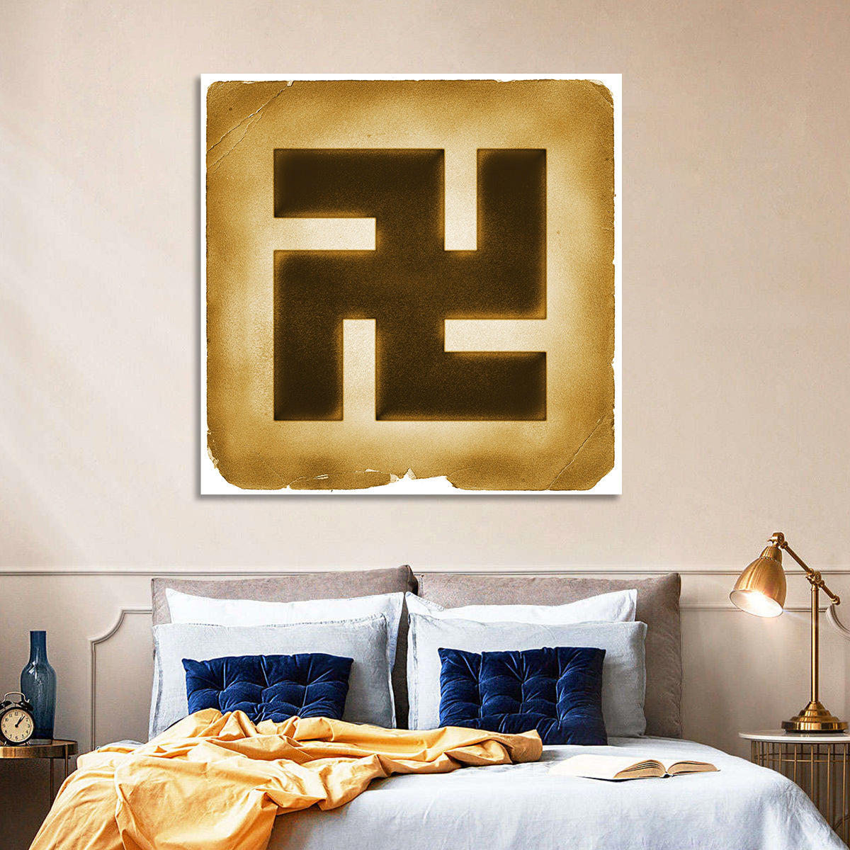 Buddhist Swastika Emblem Wall Art in a room, square