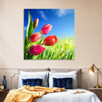 Dewy Red Tulips Under Blue Sky Wall Art