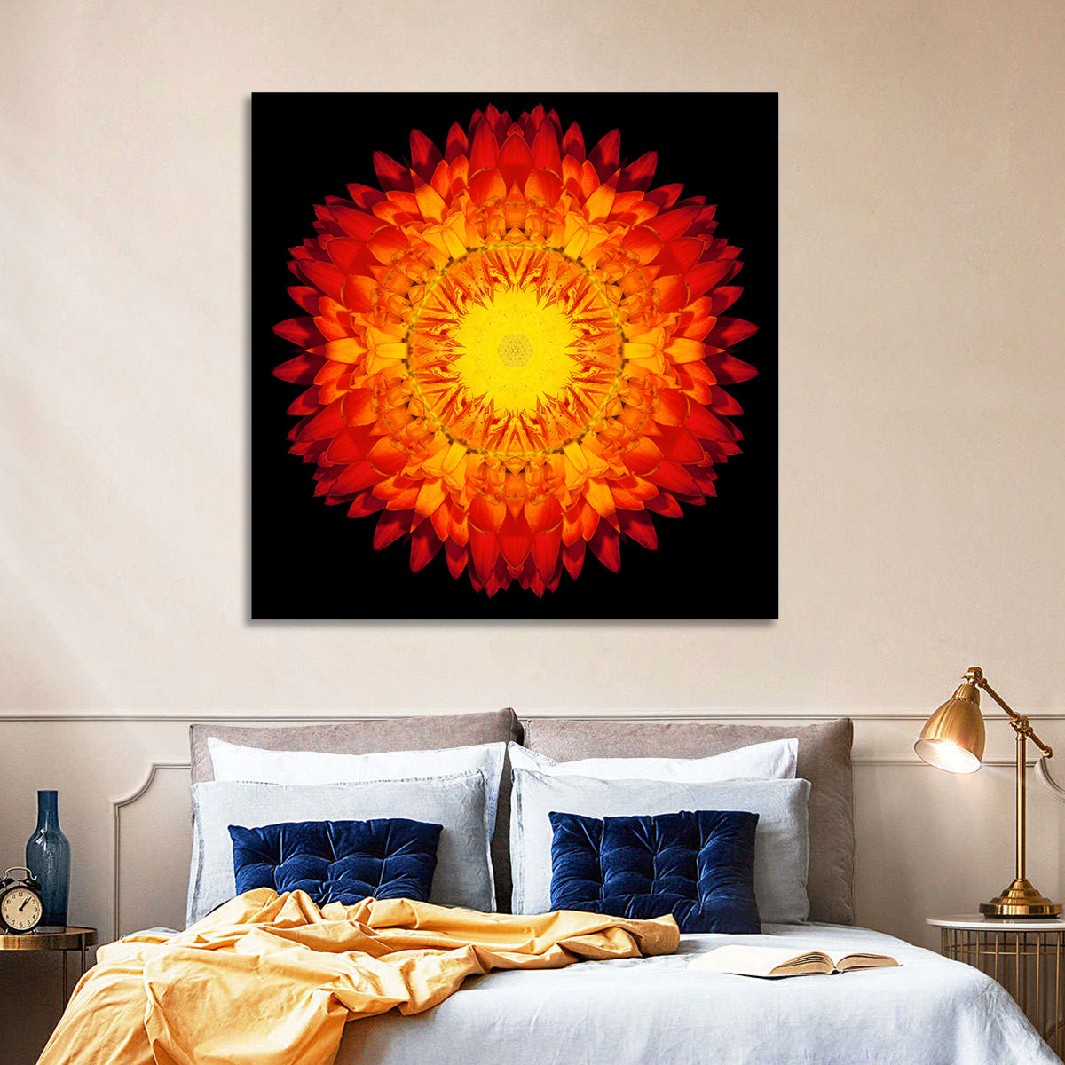 Radiant Red Kaleidoscopic Mandala Flower Wall Art in a room, square