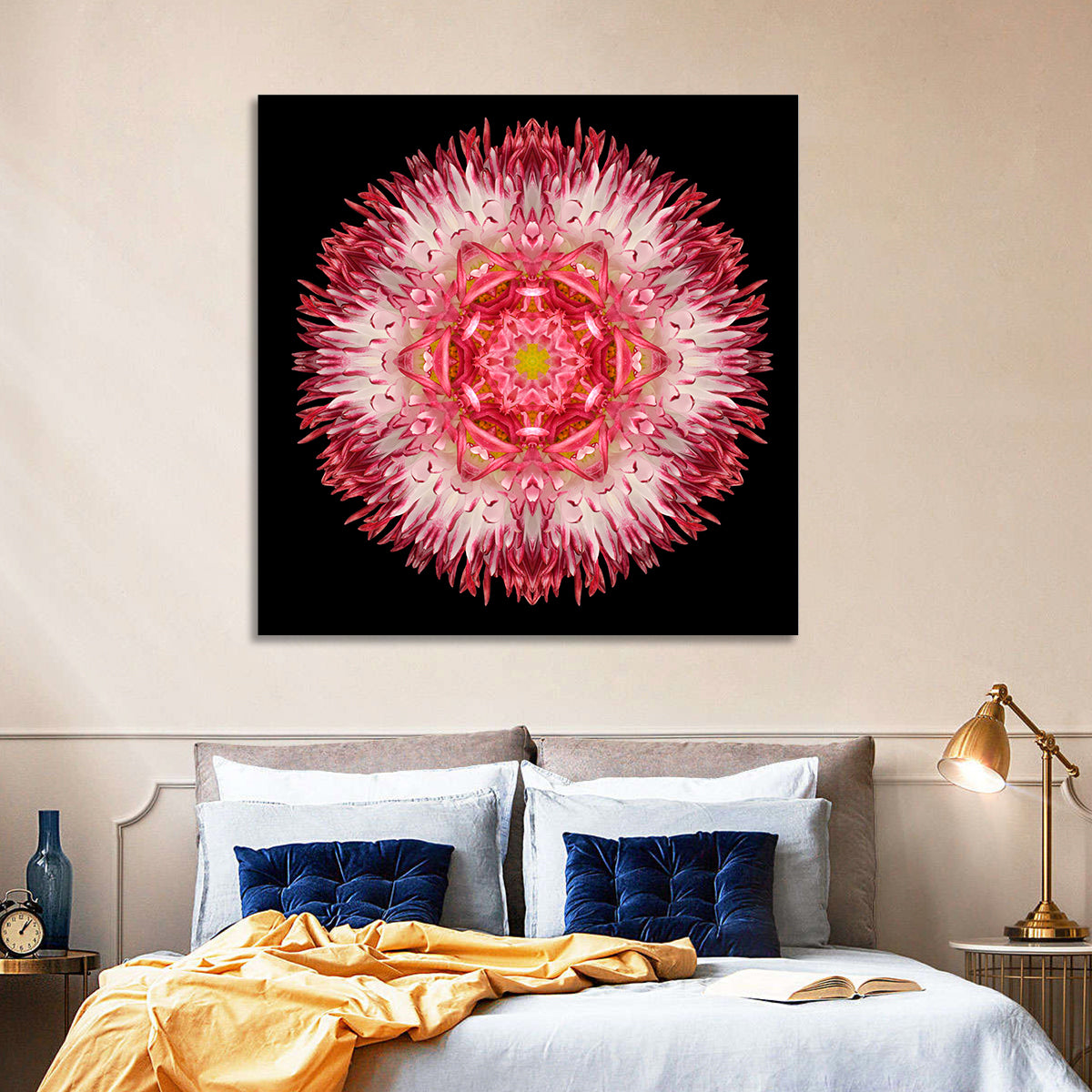 Magenta Chrysanthemum Star Mandala Wall Art in a room, square