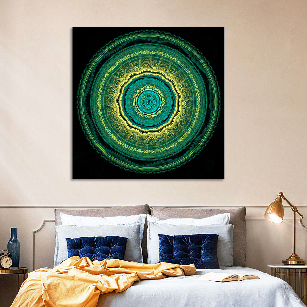 Hypnotic Teal Glow Mandala Wall Art in a room, square