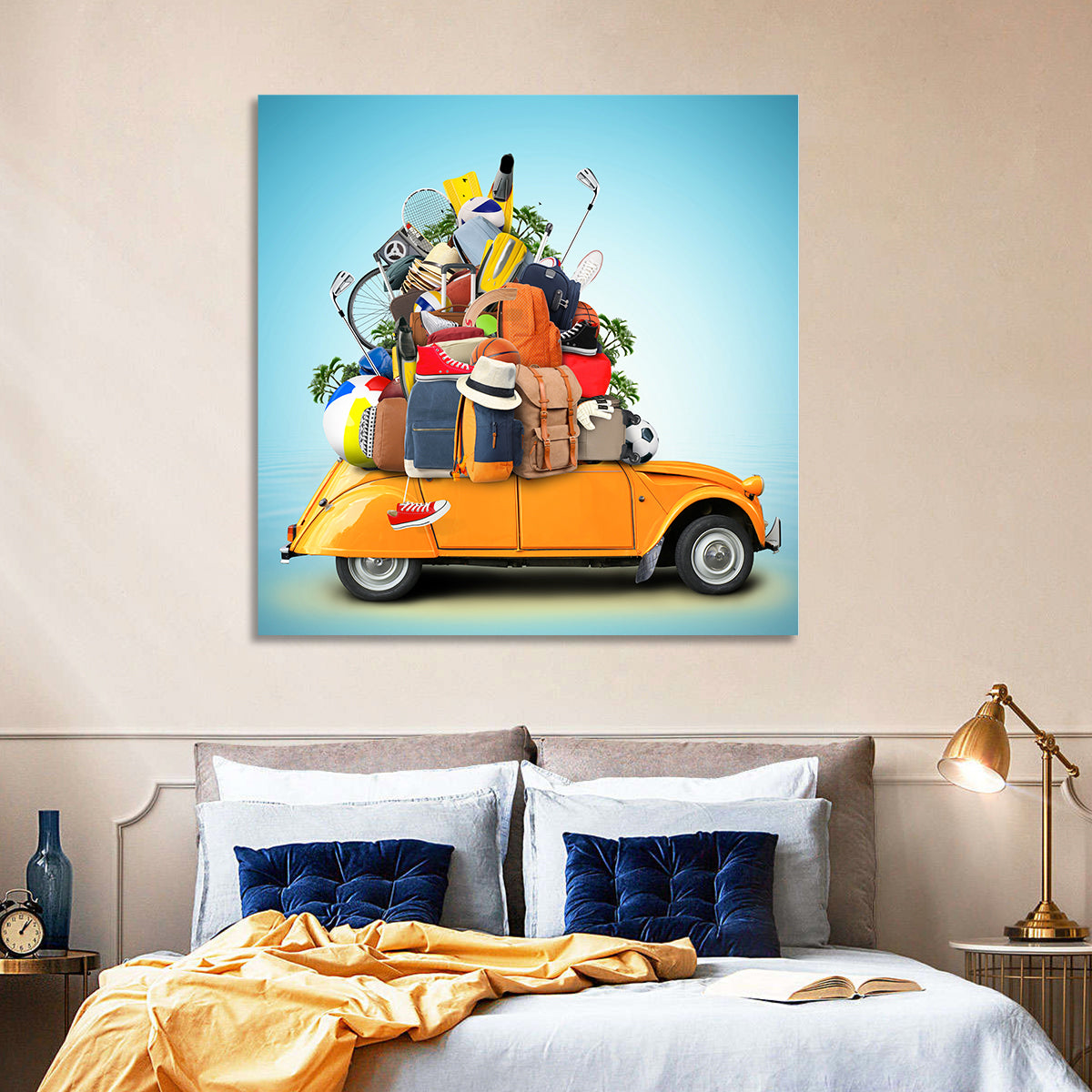 Orange Vintage Car Road Trip Getaway Wall Art in a room, square